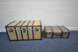 A BEIGE AND DARK BLUE VINTAGE TRAVELLING TRUNK, width 92cm x depth 54cm x height 48cm, along with