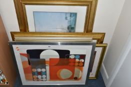 FIVE DECORATIVE PRINTS, comprising a Sean Bennett abstract design, approximate size 51cm x 72cm, a