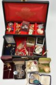A JEWELLERY BOX WITH CONTENTS, black faux leather jewellery box with contents to include a white