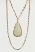 AN OPAL PENDANT AND CHAIN, the triangular opal within a collet and double rope twist surround,