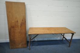 THREE WOODEN FOLDING TRESTLE TABLES, length 183cm x depth 66cm x height 76cm (condition report: