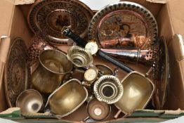 A BOX OF ASSORTED SILVER PLATE WARE, to include a small silver trophy cup with plinth, hallmarked '