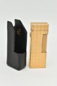 A GOLD PLATED 'DUNHILL' LIGHTER WITH CASE, engine turned pattern, signed to the base 'Dunhill US.