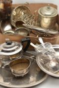 A BOX OF ASSORTED SILVER PLATE, to include a three piece tea set, comprising of a teapot, sugar bowl