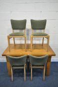 AN SOLID OAK RECTANGULAR TABLE, length 130cm x depth 75cm x height 75cm, along with a set of four