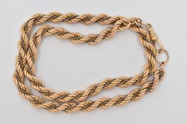 A WHITE AND YELLOW METAL NECKLACE, designed as a yellow metal rope twist chain, with additional