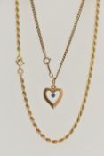 TWO 9CT GOLD CHAIN NECKLACES AND A PENDANT, the first a rope twist chain fitted with a spring clasp,