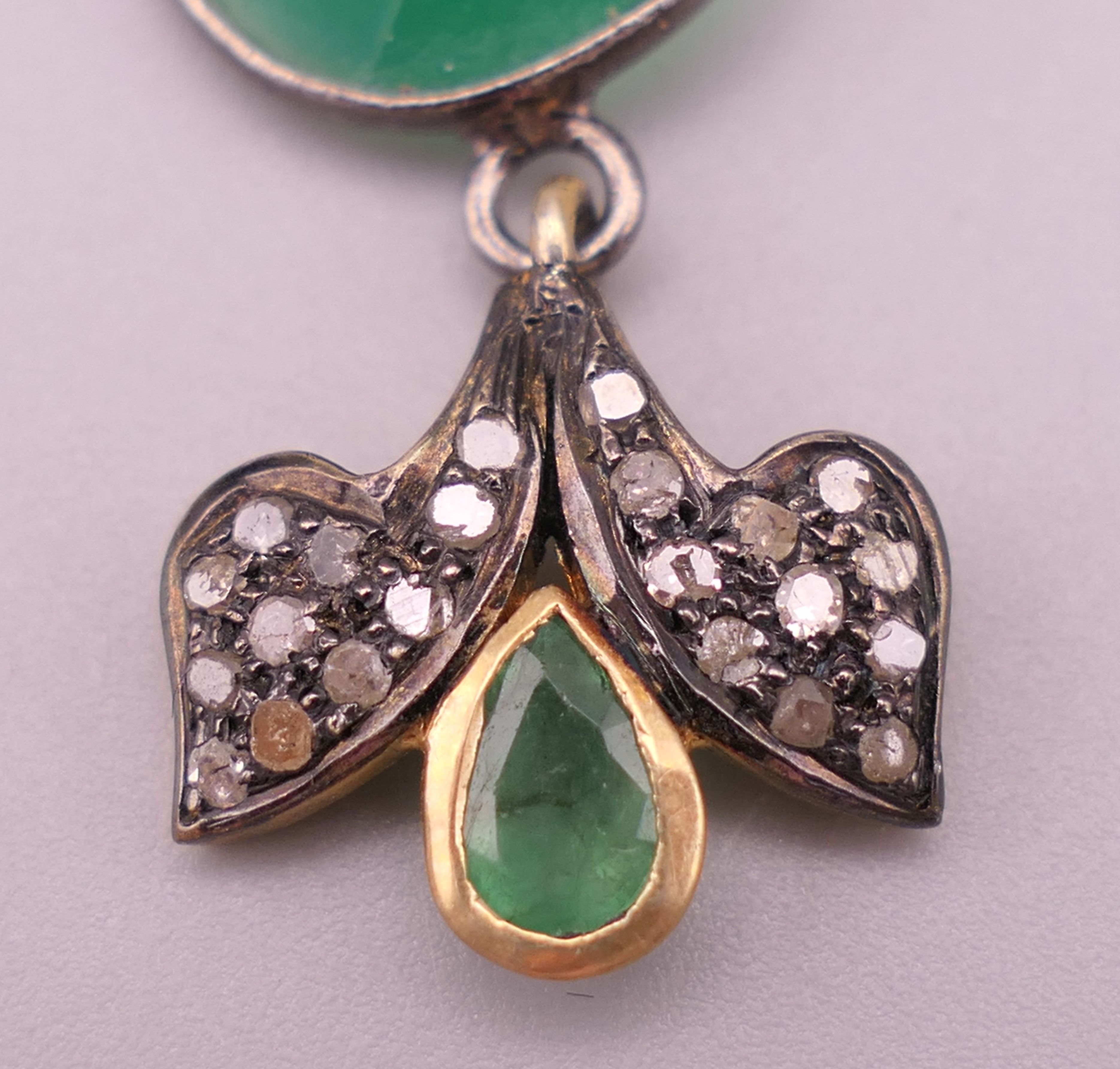 A pair of gold, diamond and chrysoprase stone drop earrings. 6.5 cm long. - Image 6 of 6