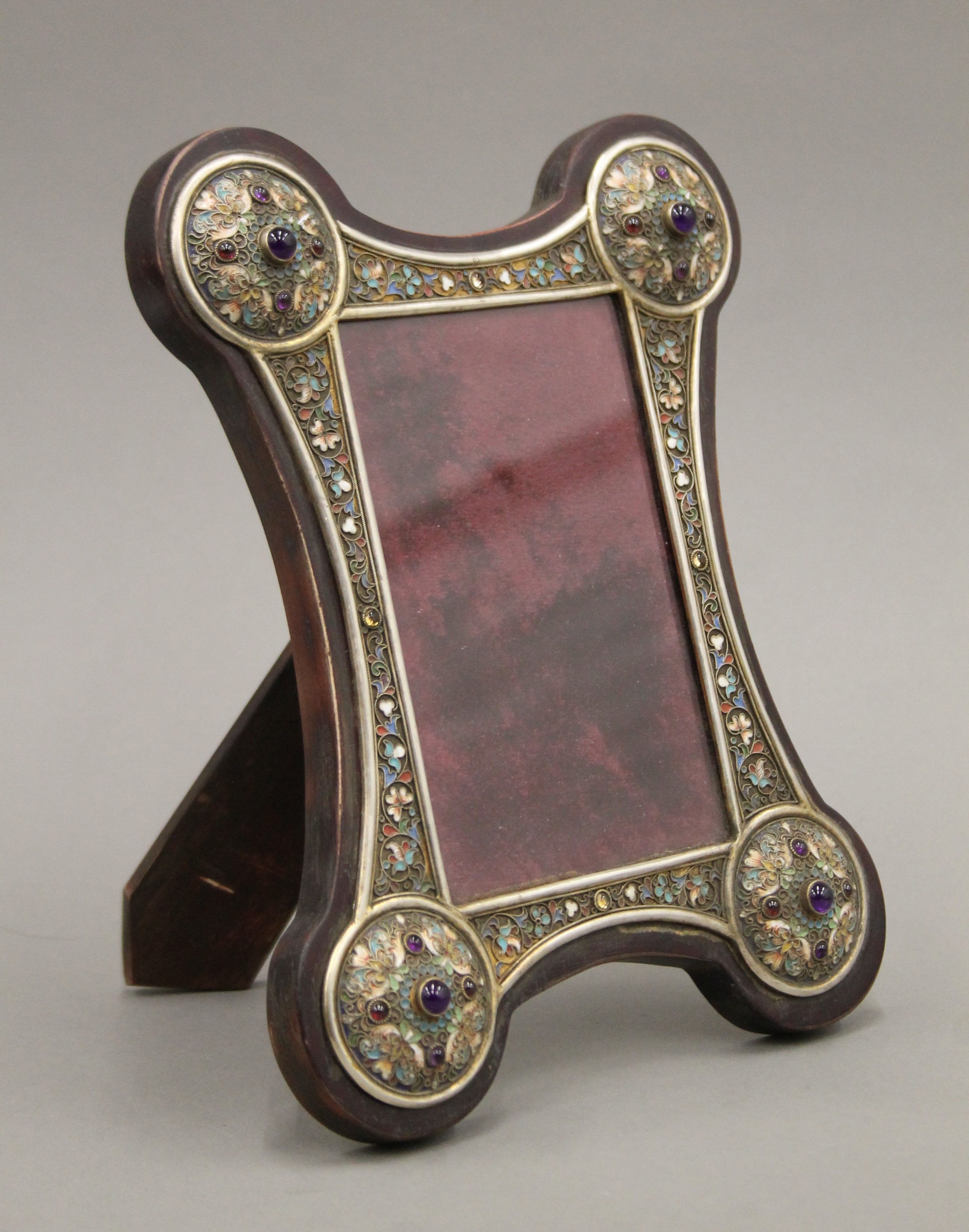 A cabochon set silver and enamel mounted photograph frame, bearing Russian marks. 24 cm high. - Image 2 of 4