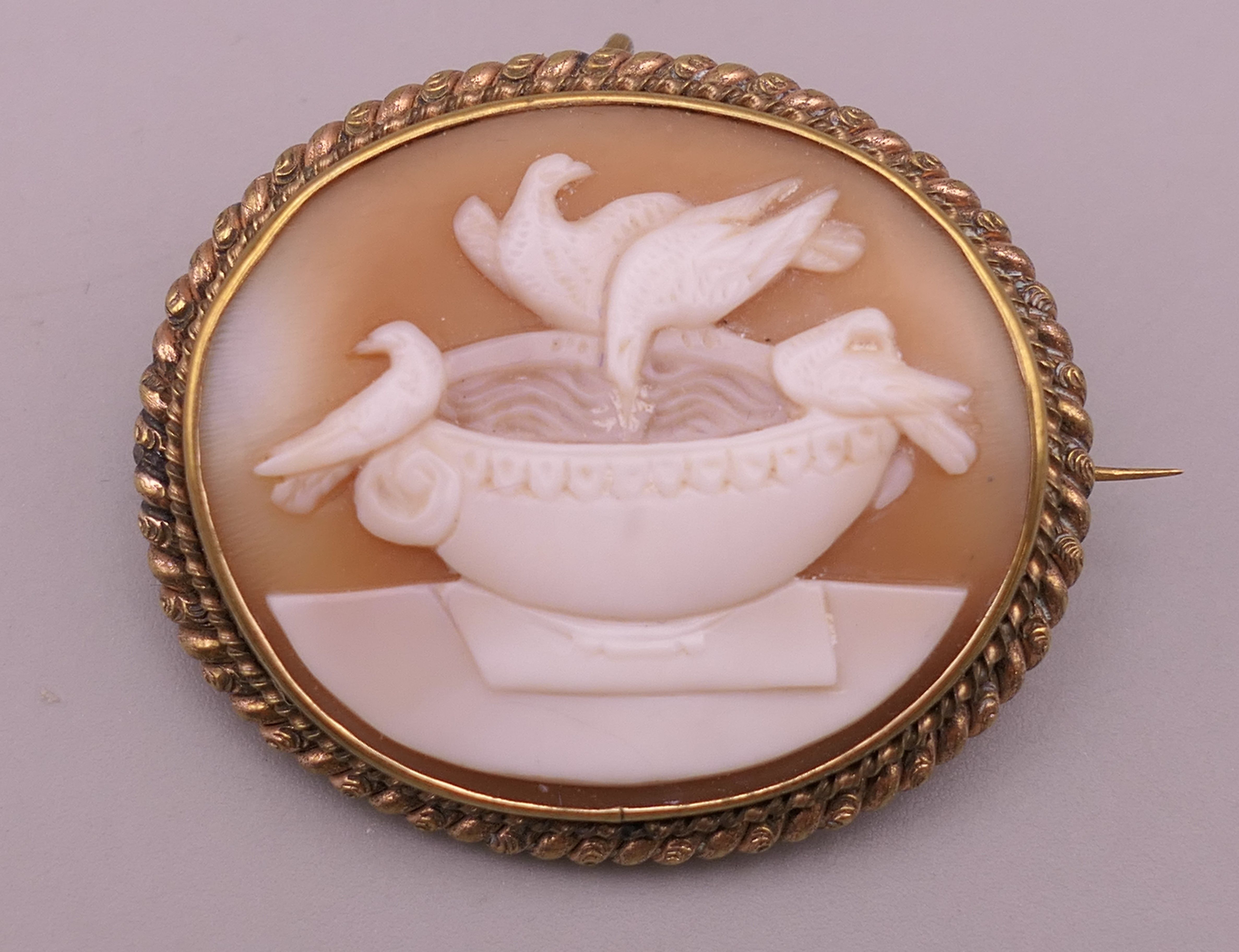 An unmarked yellow metal, probably gold, framed cameo depicting Pliny's doves. 3.75 cm wide.