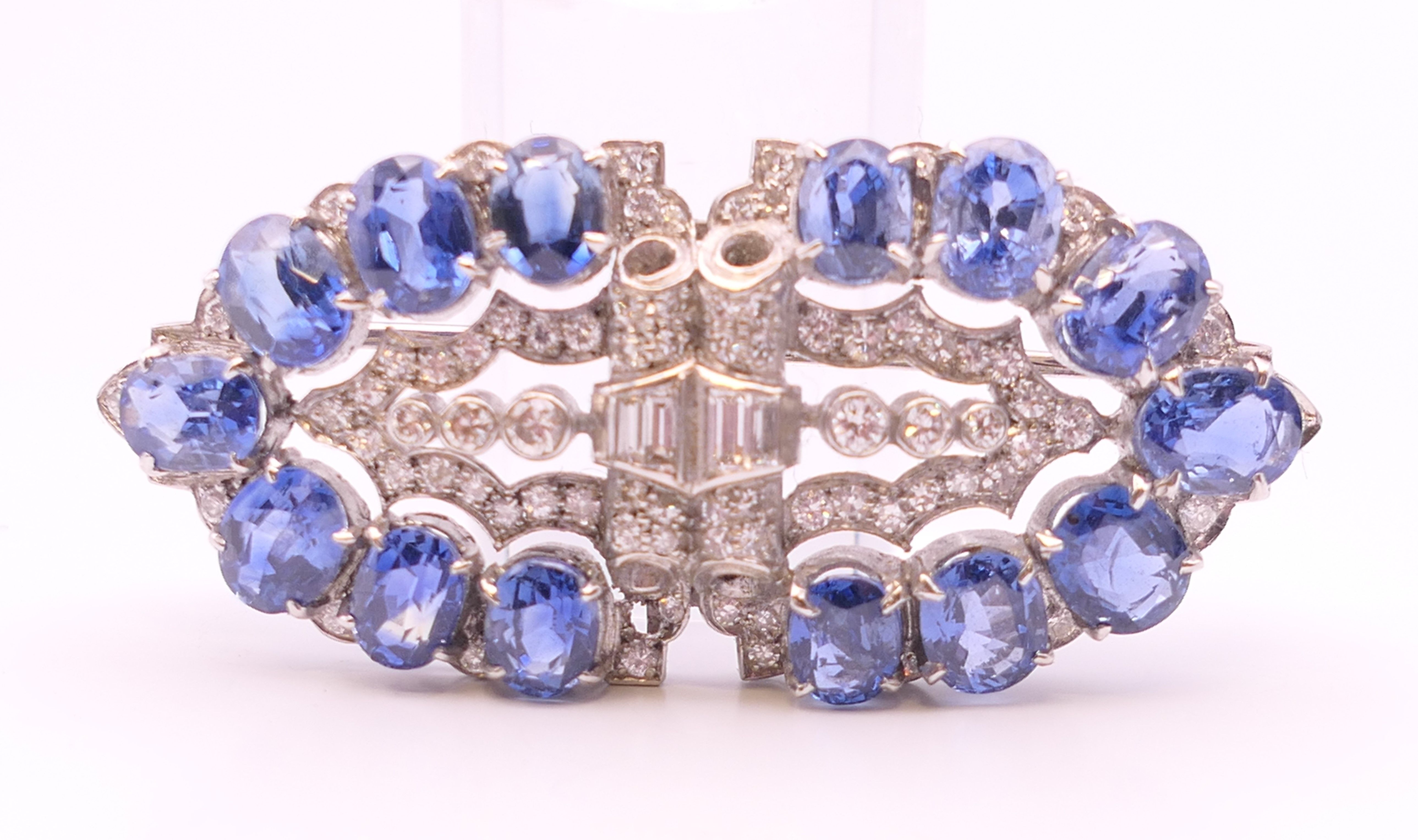 An unmarked Garrard and Co Ltd sapphire and diamond brooch, cased. 5 cm x 2 cm. - Image 10 of 19