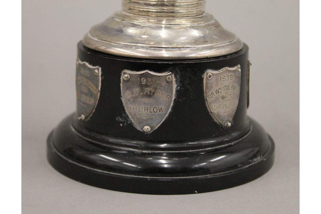 A silver twin handled trophy cup on stand. 24 cm high overall. 366.8 grammes. - Image 4 of 6