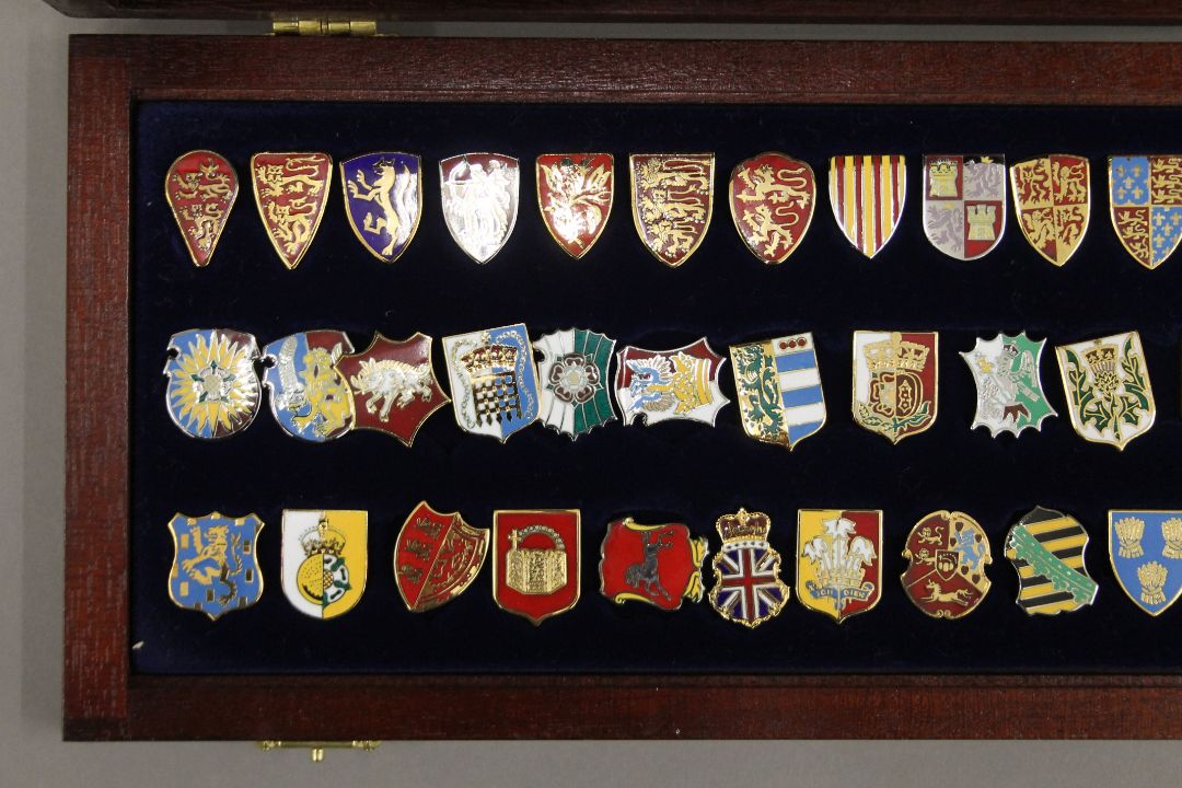 A boxed set of enamelled silver heraldic shield badges (one lacking). - Image 2 of 5