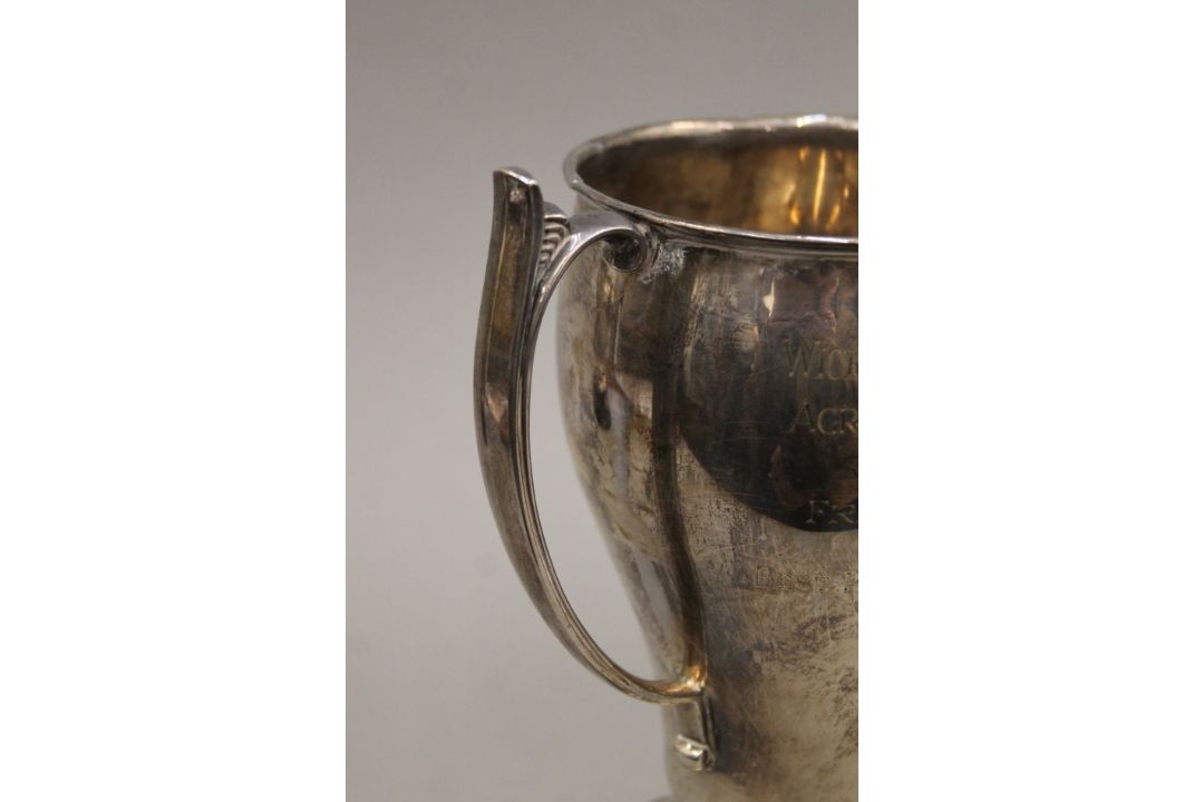 A silver twin handled trophy cup on stand. 24 cm high overall. 366.8 grammes. - Image 5 of 6