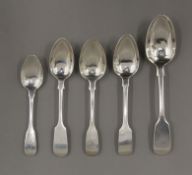 Four Fiddle Pattern silver teaspoons and a dessert spoon, hallmarked for Exeter. 110 cm grammes.