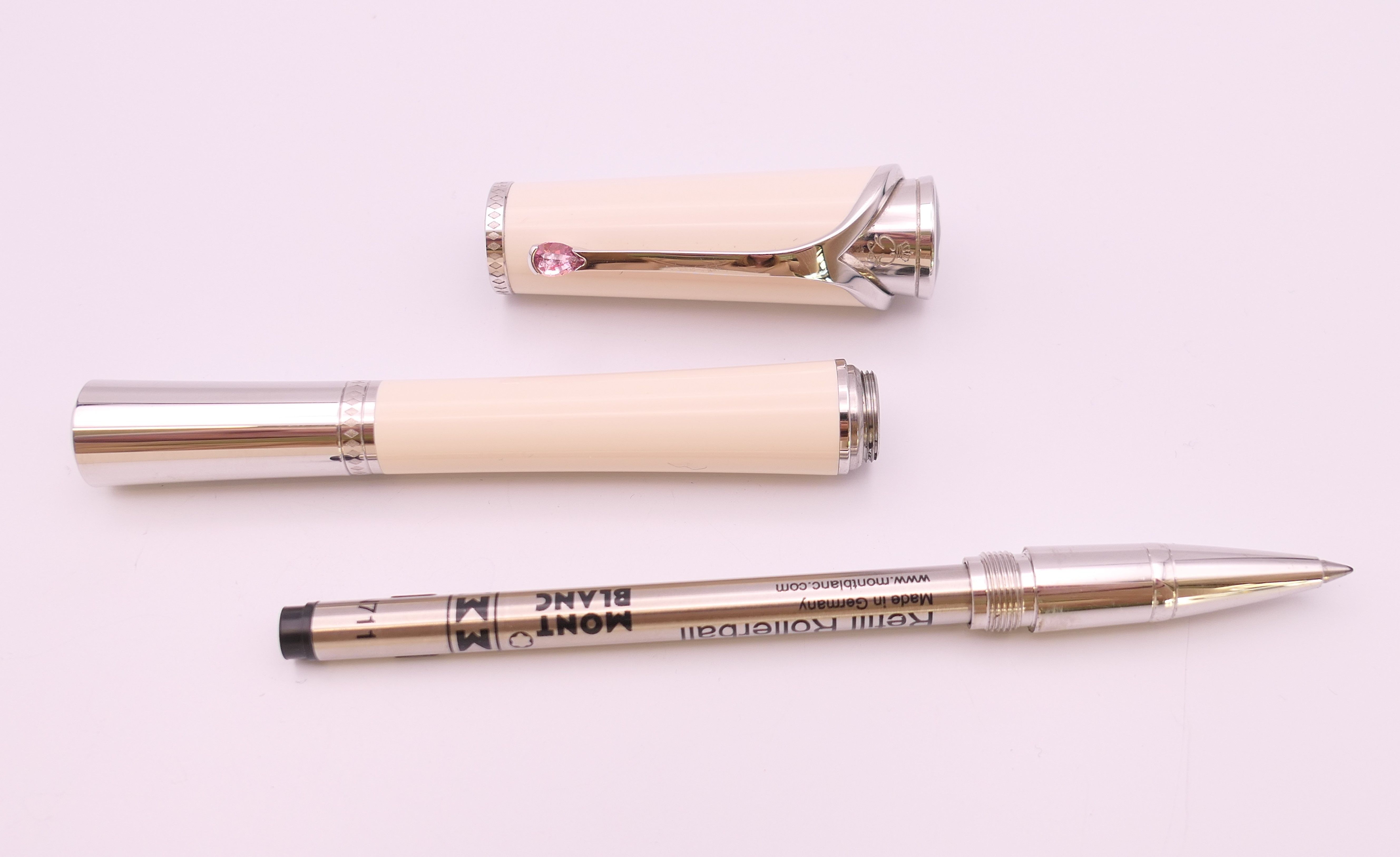 A Montblanc/Mont Blanc Princess Grace de Monaco ivory coloured rollerball pen, boxed with papers. - Image 10 of 21