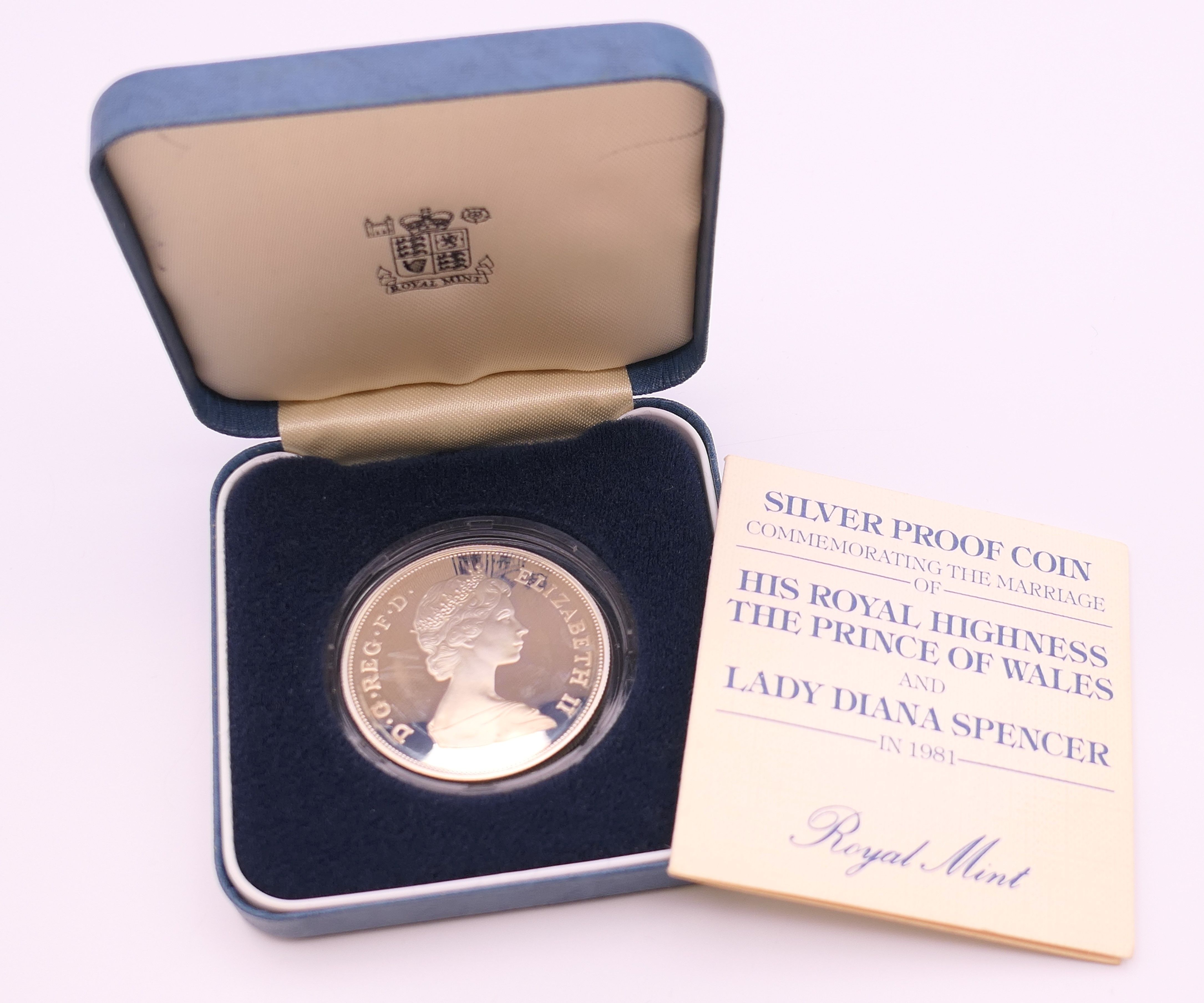 A silver proof coin commemorating the marriage of His Royal Highness The Prince of Wales and Lady