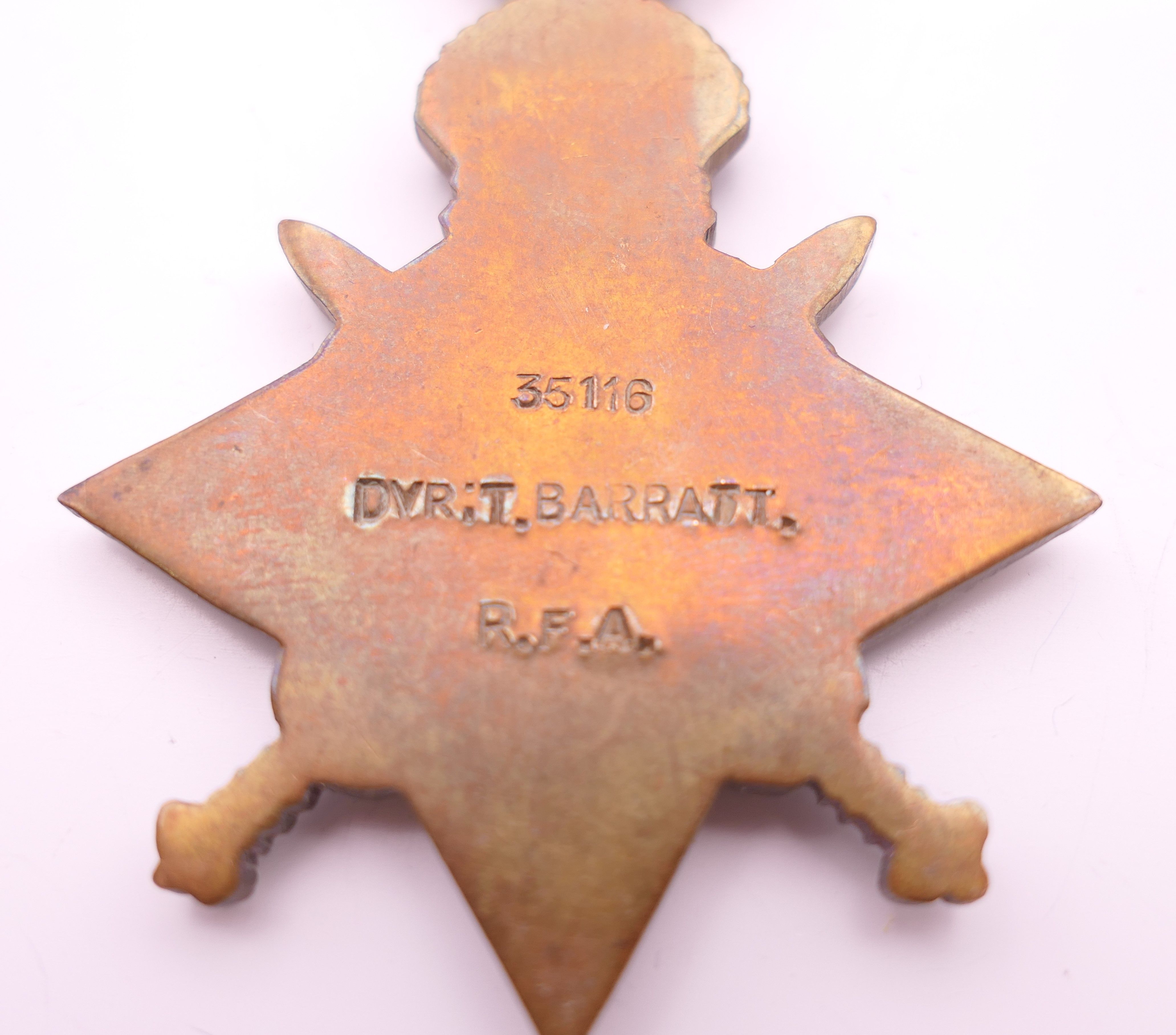A trio of first world war medals awarded to 35116 DVR T BARRATT RA. - Image 10 of 15