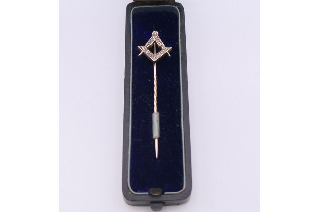 A Victorian Masonic rose cut diamond stick pin, boxed. 1.5 cm wide. - Image 1 of 9
