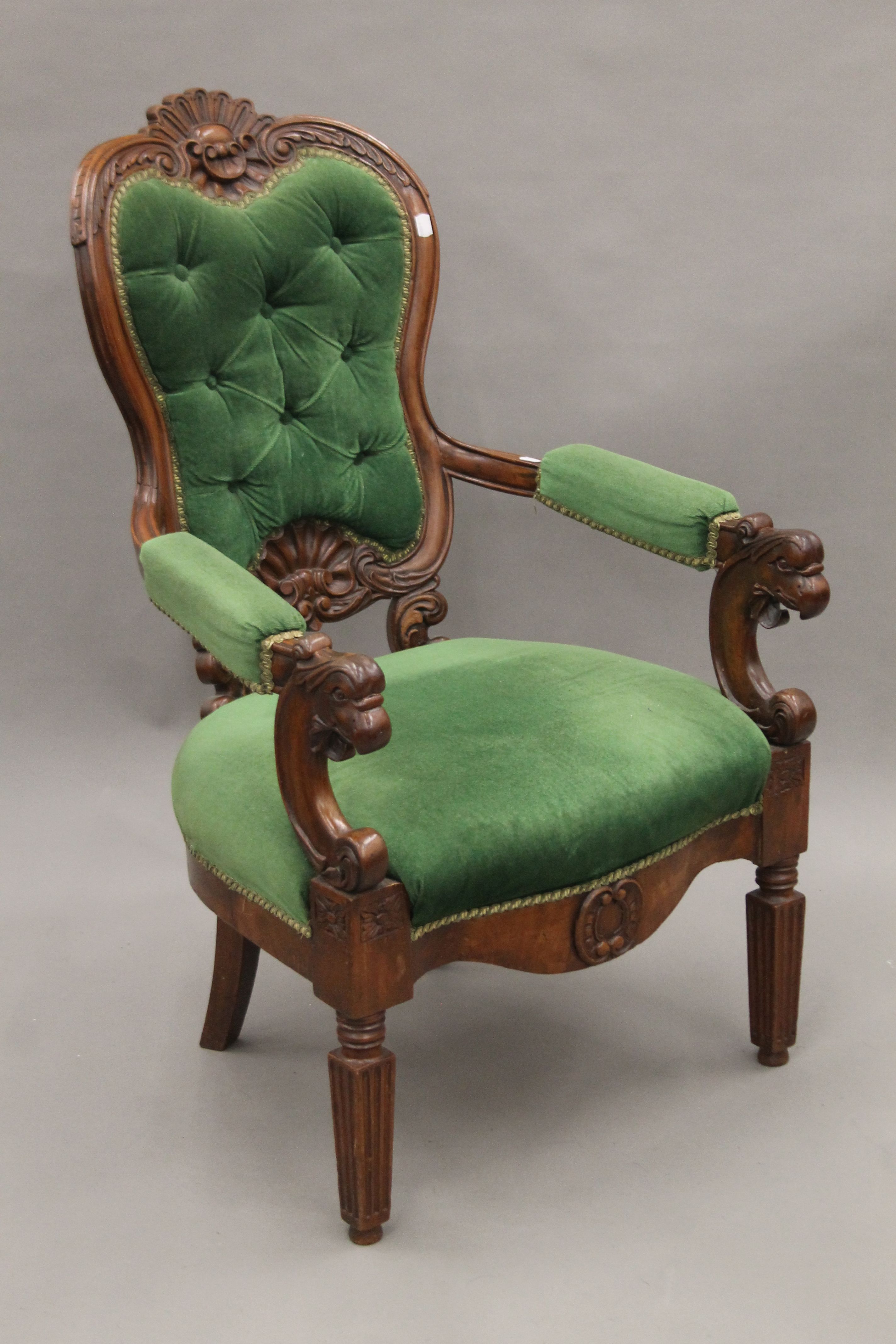 A 19th century mahogany carved open armchair. 59 cm wide. - Image 3 of 5