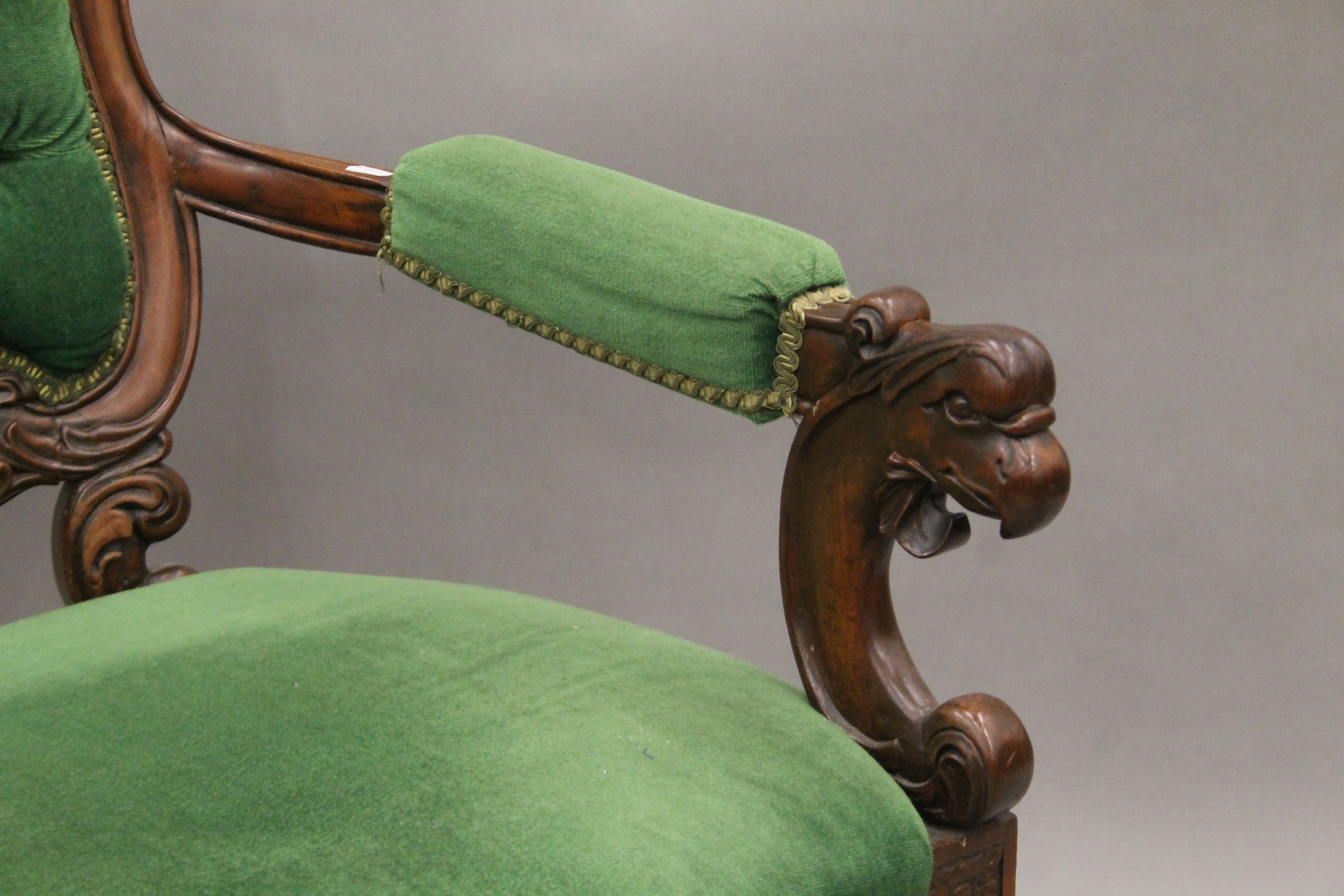 A 19th century mahogany carved open armchair. 59 cm wide. - Image 4 of 5