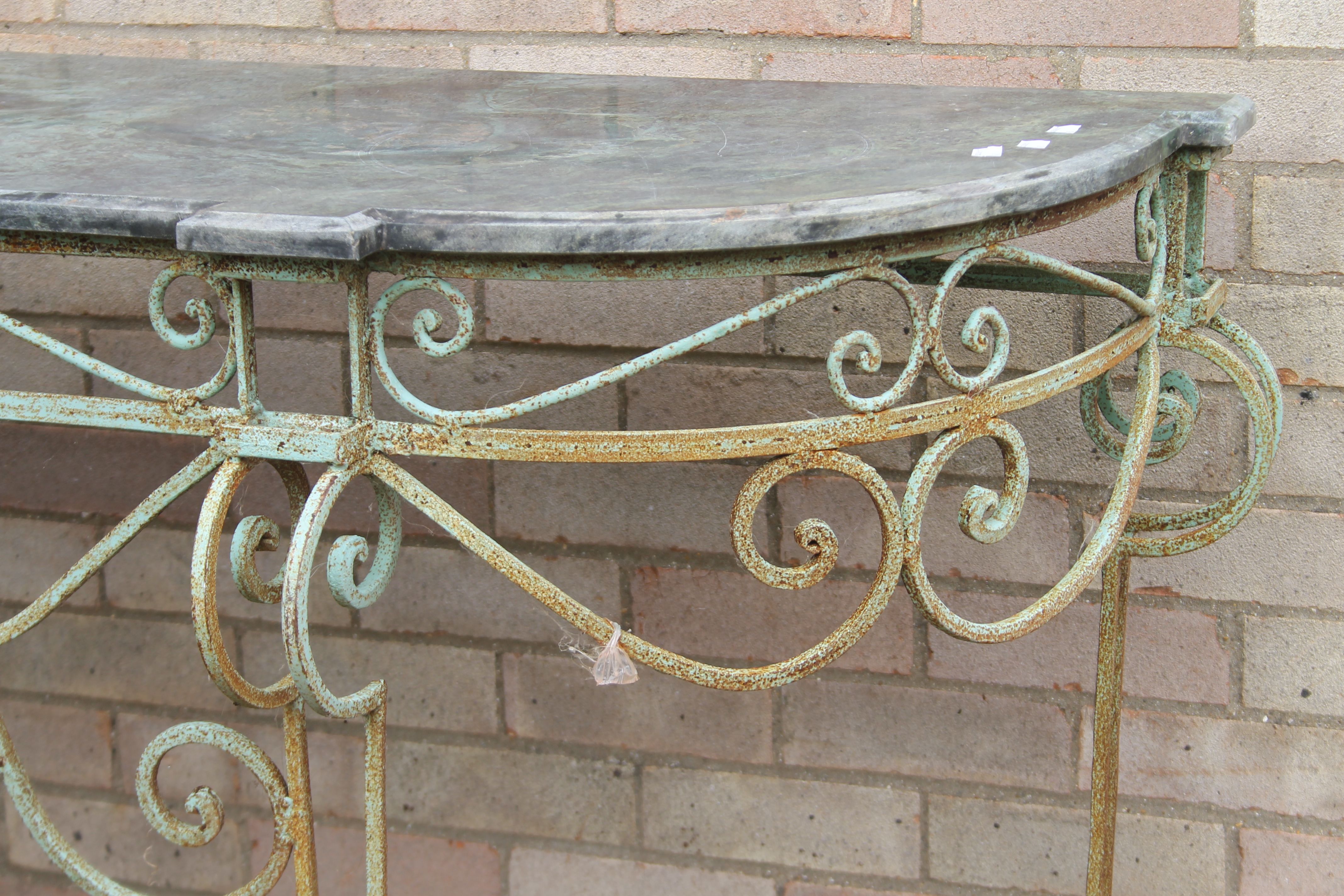 A marble topped metal console table. 148.5 cm wide. - Image 2 of 2