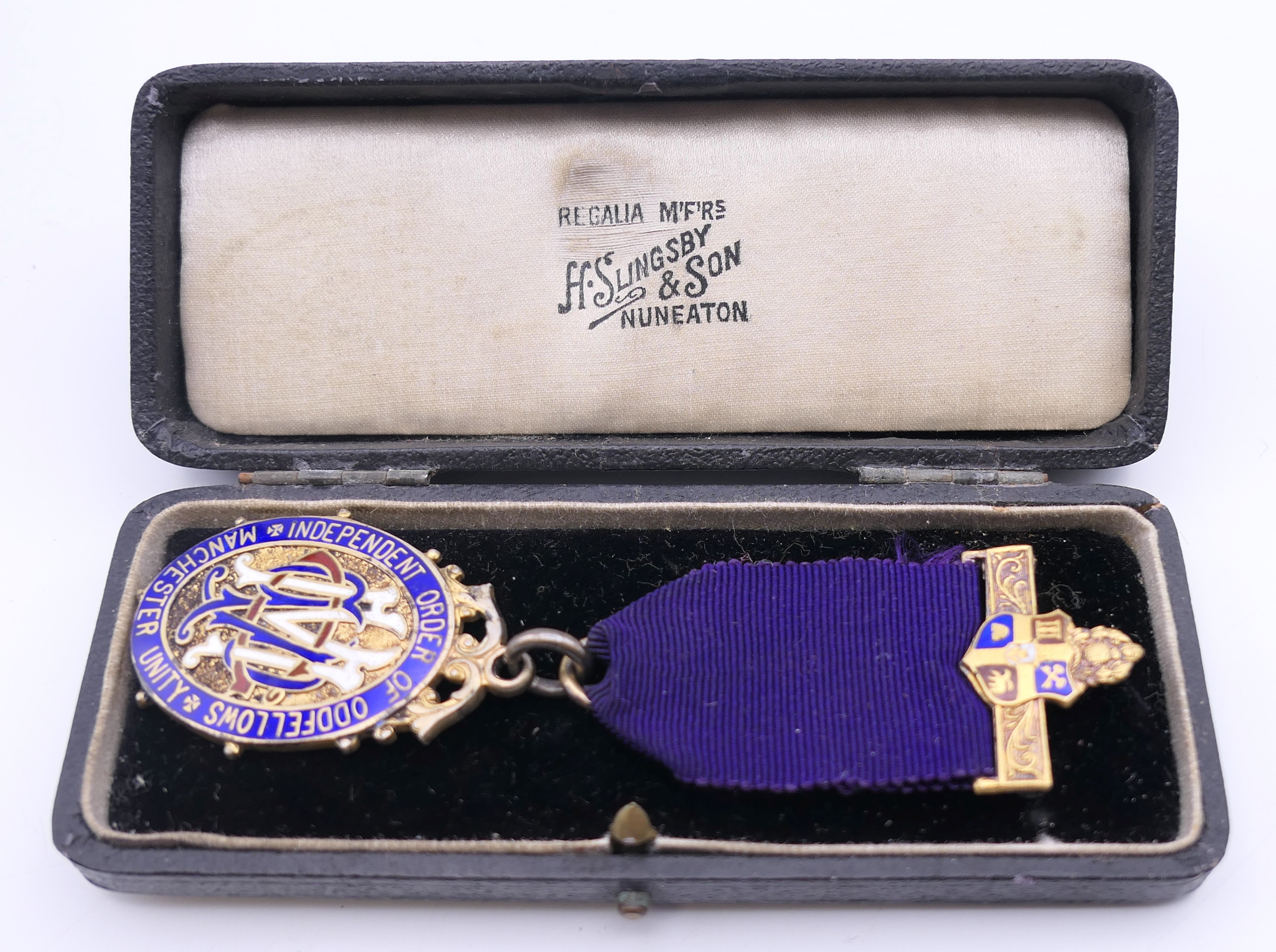 A boxed silver gilt and enamel Independent Order of Oddfellows Manchester Unity medal. - Image 10 of 11