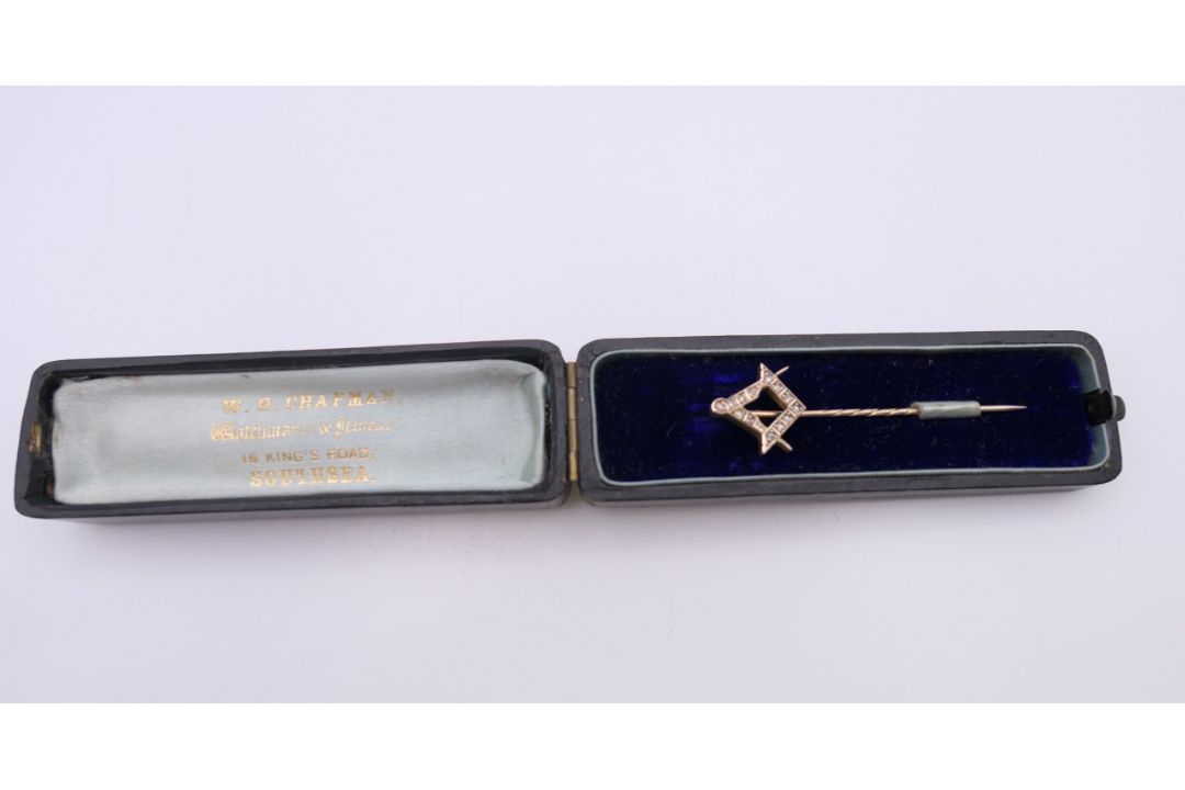 A Victorian Masonic rose cut diamond stick pin, boxed. 1.5 cm wide. - Image 7 of 9