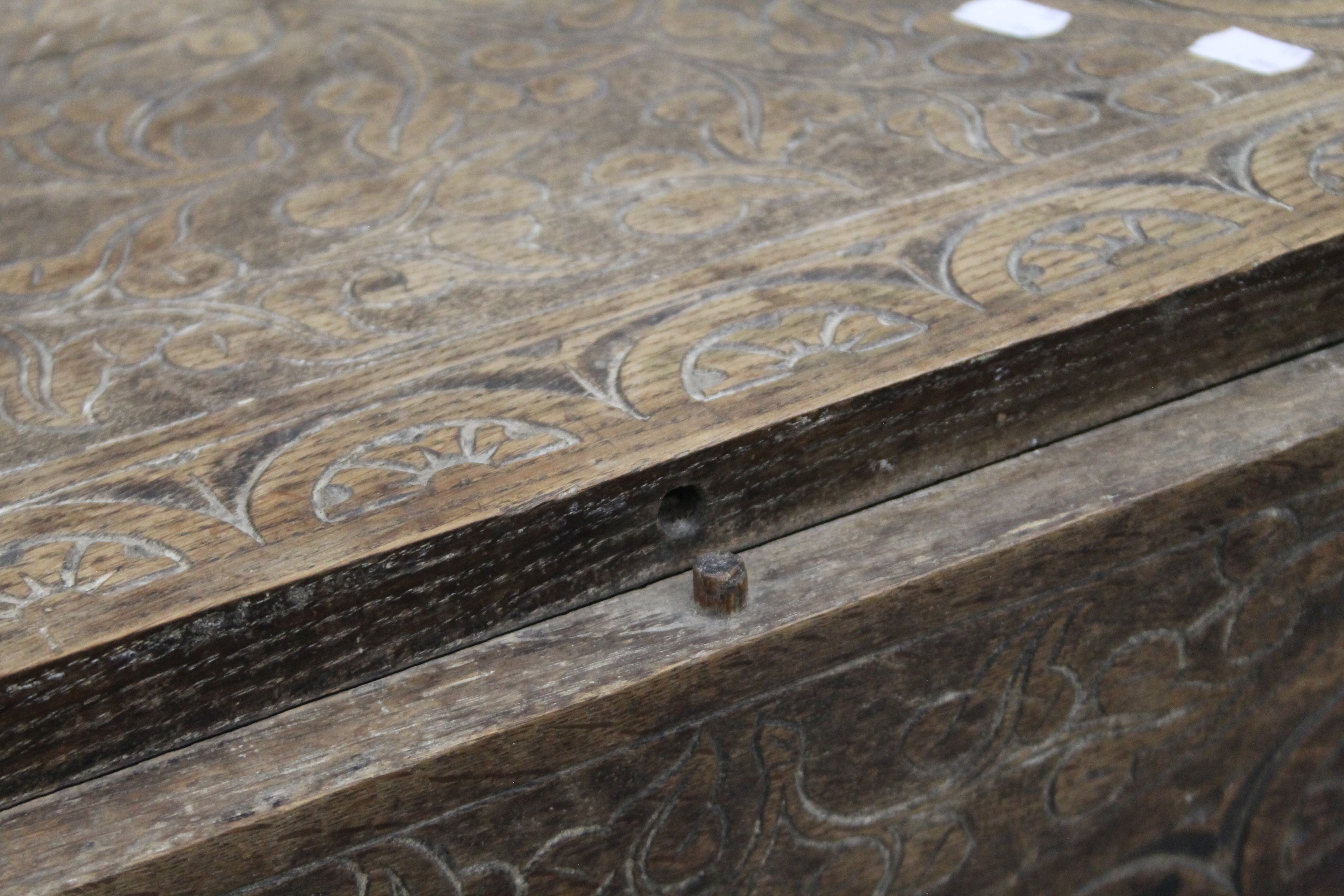 A Victorian carved oak triple drop leaf table. 59 cm wide. - Image 5 of 6