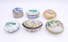 A quantity of enamel and other patch boxes, one marked Lille 1767 to base. Lille box 7 cm long.