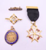 A quantity of enamel Masonic medallions, etc. RNIB medallion 4.5 cm high.
