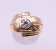 A 14 ct gold diamond solitaire ring. Approximate diamond weight 0.5 carat. Ring size N. 7.