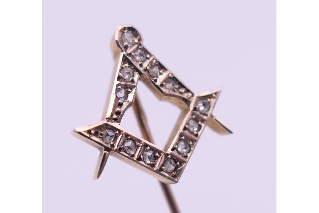 A Victorian Masonic rose cut diamond stick pin, boxed. 1.5 cm wide. - Image 4 of 9