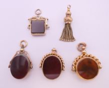 A 9 ct gold bloodstone and carnelian swing fob, a 9 ct gold bloodstone and carnelian swing fob,