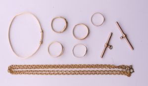 A quantity of various jewellery, including gold rings, two gold T-bars, etc. 12.6 grammes of gold.