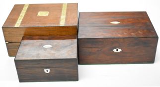 19thC mahogany writing slope together with two jewellery or workboxes, width of largest 29.5cm