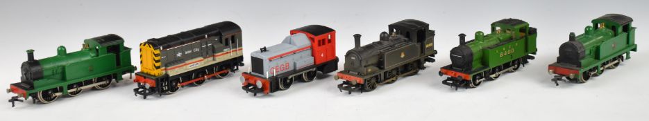 Six Hornby 00 gauge model railway locomotives comprising five 0-6-0 tank locomotives, 08 shunter and