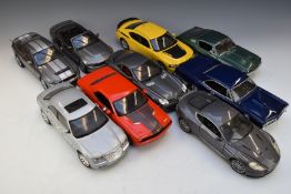 Nine Maisto and similar 1:18 scale diecast model cars including Dodge Challenger Concept, Mercedes-