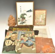 Three Japanese Meiji period woodblock prints, a Chinese embroidery and a carved Buddha, height 15cm