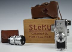 Steky Japan novelty miniature camera to suit 16mm film, with 1:3.5 f=26mm and 1:5.6 f=40mm lenses,