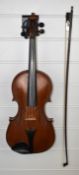 A two piece back violin with bow, overall length 59.5cm, body 35.6cm, lower bout 20.8cm, upper