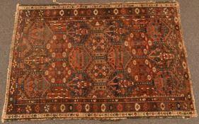 Turkoman rug with alternating gul design and cream border, 206 x 145cm