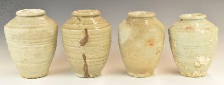 Four Chinese Kangzi period vases with celadon / grey glaze from Vung Tau Cargo, one with original