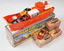 Two Matchbox diecast model vehicles Car Ferry with red, white and yellow body, Rover 3500 8, Porsche