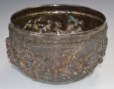 Burmese or Indian silver bowl with deeply embossed relief decoration of figures, court scenes and