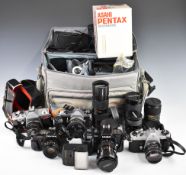Five 35mm SLR cameras, lenses and accessories comprising Pentax ME super with 50mm 1:1.7 lens and