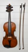 Carlos Fissorie viola with two bows, c1880s, labelled 'Anno 188*', overall length 66cm, body 39.3cm,
