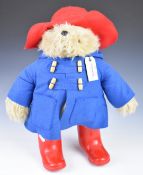 Paddington Bear teddy bear with label, blue jacket and red hat and boots, 50cm tall.