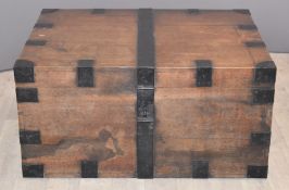 Large metal bound campaign style silver or travelling trunk with fitted interior, W96 x D76 x H48cm