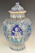 Indian 19thC Sind pottery pedestal covered vase with figural decoration, height 39cm